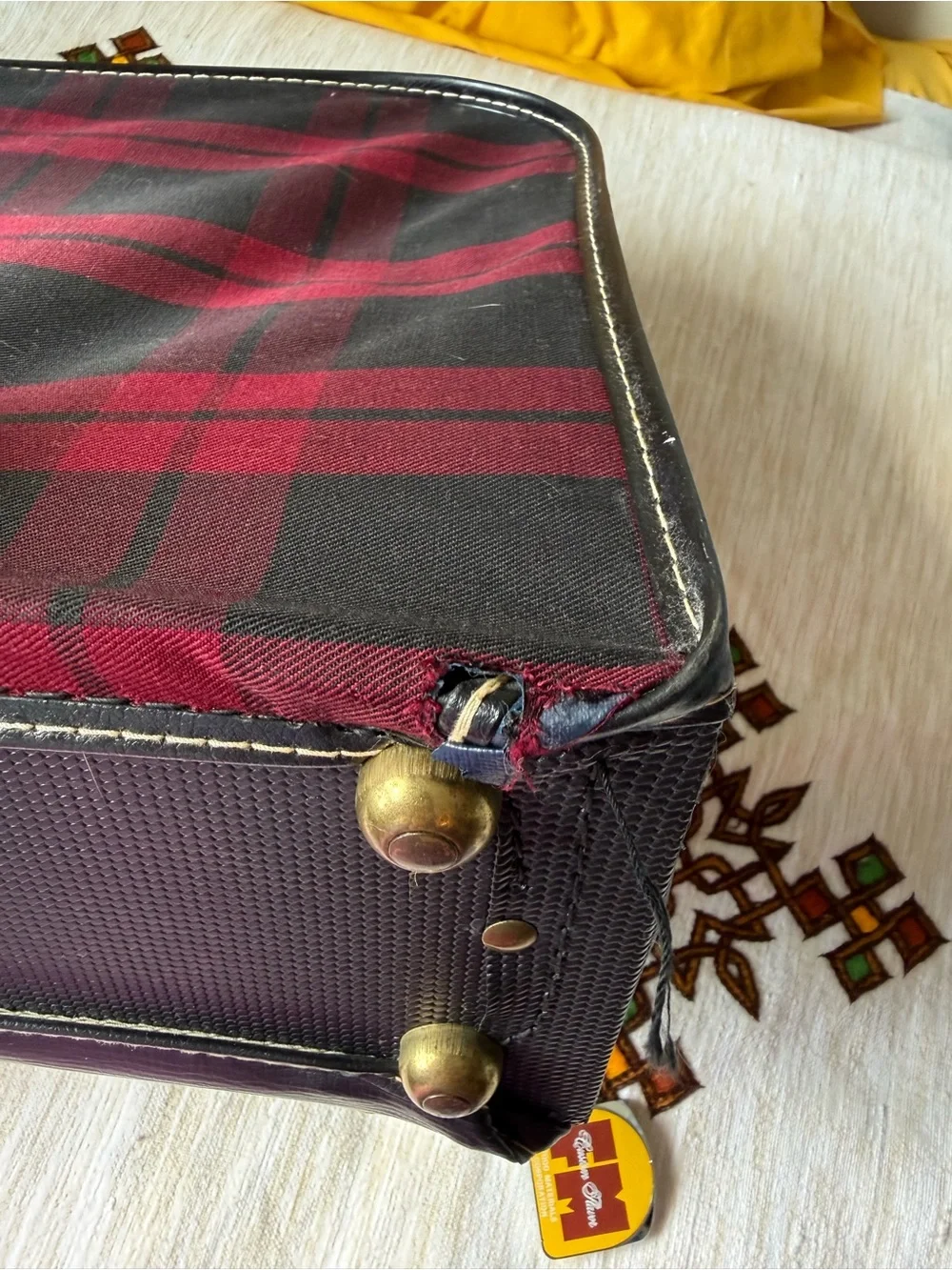 Red and Black Plaid vintage small suitcase Vinyl 70’s Bag camp core